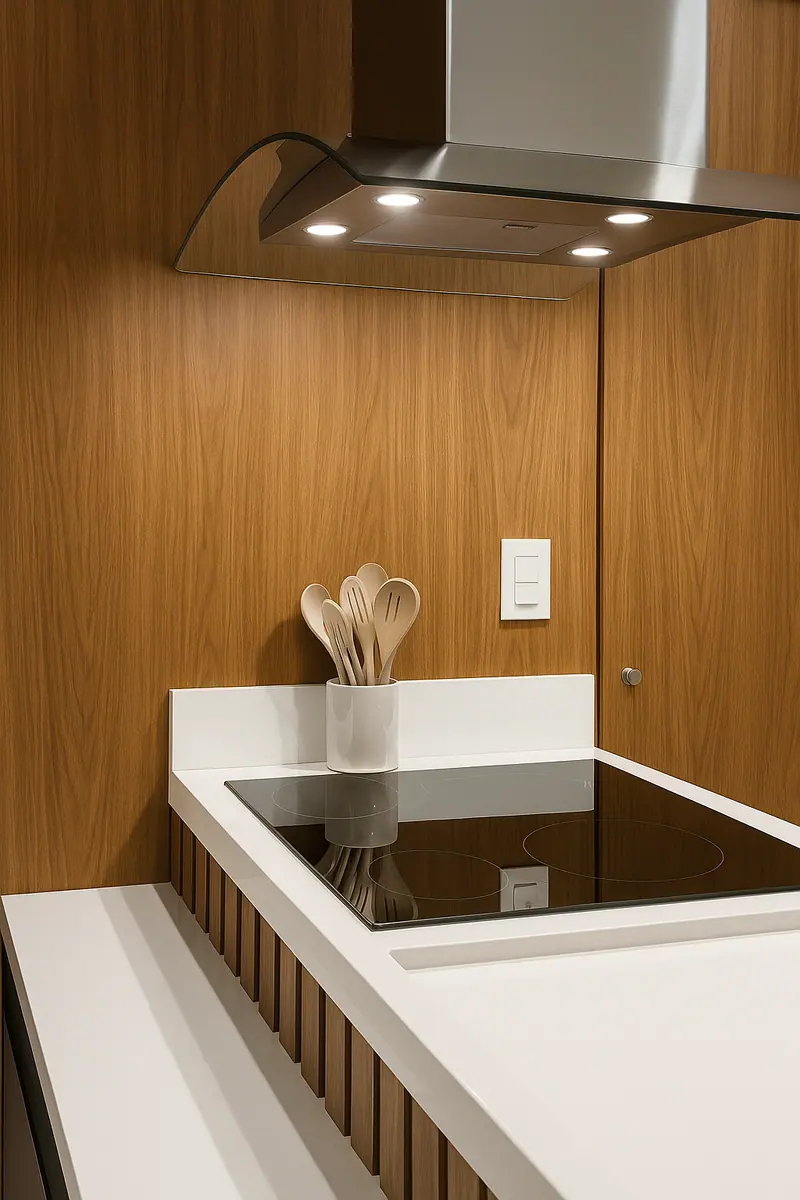 Detalhe de bancada com cooktop, revestimento amadeirado e base com ripas