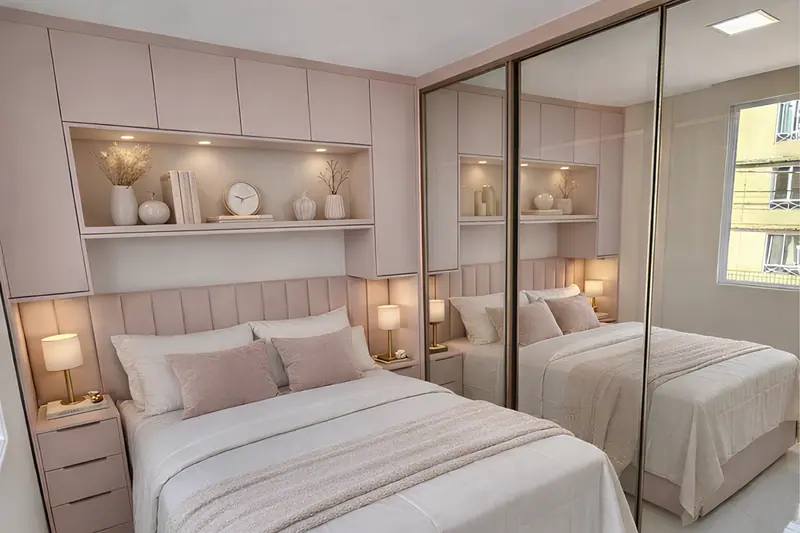 Dormitório com cabeceira estofada, nichos iluminados acima da cama e roupeiro com portas espelhadas